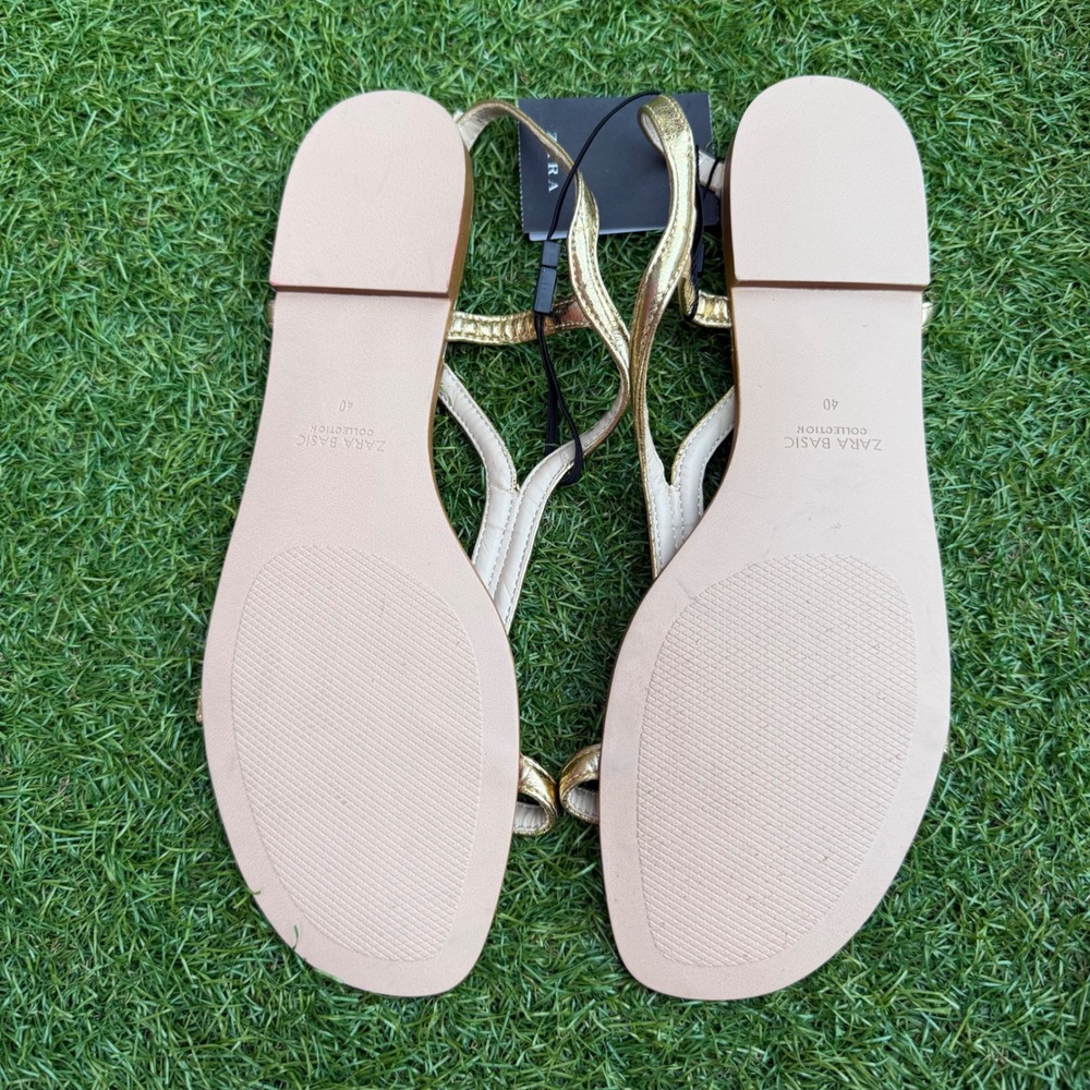Zara‎ Basic Collection Gold T Strap Flat Sandals … - image 4